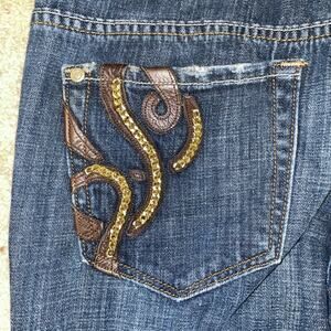 Miss Me Women's Distressed Low Rise Bootcut Leather Gold Chains Jeans Size 26